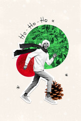 Composite collage image of funny man running outside enjoy weather christmas new year greeting card...
