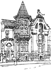 Fototapeta premium Own house Russian architect Lev Kekushev, also known as Kekysheva House, was once crowned with a 3-meter lion statue, 1900–1903. Ink drawing from the street Ostozhenka, 21. Moscow, Russia