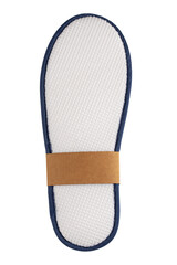 disposable hotel slippers made of white material with blue edging, isolated on a white background