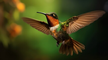 Fototapeta premium colorful glossy green and brown metallic hummingbird, photography, bright background, and blurred