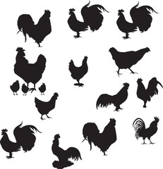 set of chicken silhouettes vector various movements
