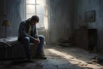 A depressed man sitting on a bed in a messy room with a window, an illustration of despair and sadness - obrazy, fototapety, plakaty