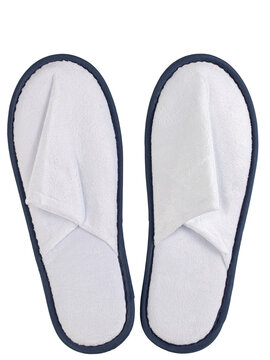 disposable hotel slippers made of white material with blue edging, isolated on a white background