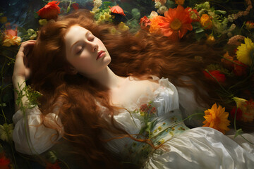 Sensual sleeping woman lying on flowers preraphaelite style beauty