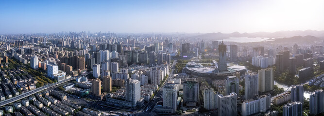 Aerial photography of the skyline of urban architecture in the old city of Hangzhou