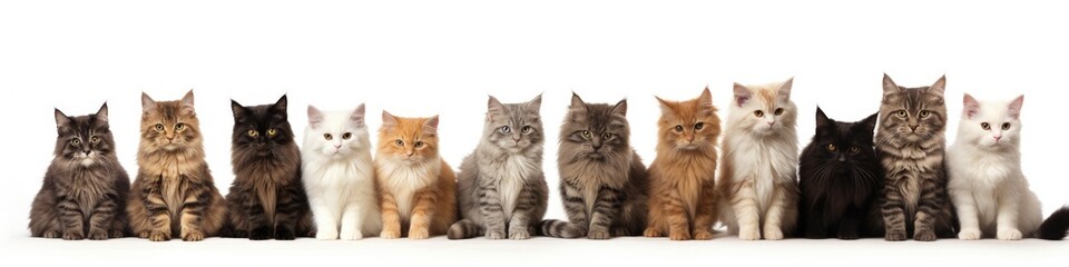 Group of Cats on White Background. Close-up of Cats Arranged in Banner Shape