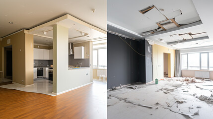 Living room renovation: before and after - obrazy, fototapety, plakaty
