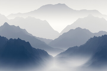Silhouettes of high mountains in thick fog.