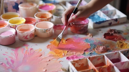 Art studio, Female artist, Creative process, Unrecognizable woman mixing paints colors