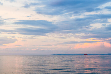 Fototapeta premium travel to Georgia - view of Black Sea from Batumi port in autumn twilight