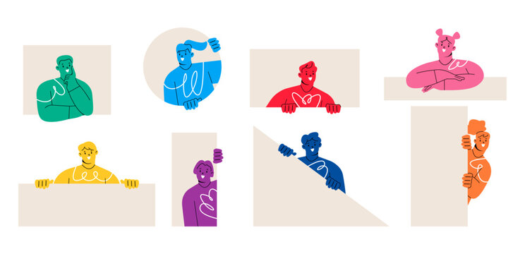 Men and women peeping. Cheerful, curious, happy people set. Colorful vector illustration