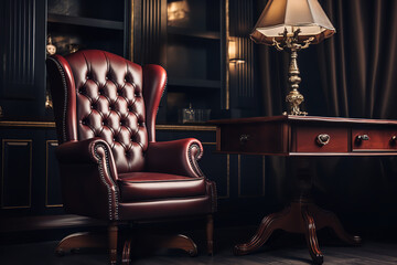  An image of a traditional executive leather chair in a law firm, exuding classic prestige and professional elegance, perfectly paired with a mahogany desk and sophisticated office decor.
 - obrazy, fototapety, plakaty