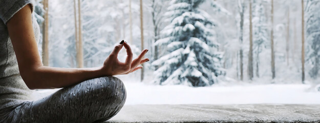 Close-up of a peaceful yoga practice in a snowy tranquil forest. Woman meditates in front of a snowy forest backdrop, embodying peace and mindfulness.