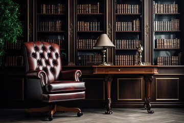  An image showing a classic executive chair, made of leather and wood, in a vintage home office setting, exuding old-world charm and sophistication, representing a timeless aesthetic in office furnitu