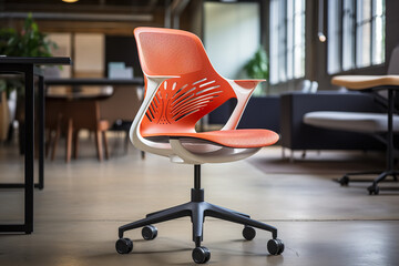  An image of a vibrant task chair in a lively startup hub, designed to be adjustable and mobile, encouraging flexibility and supporting a dynamic and collaborative work culture
