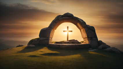 Illustration of an empty tomb set against a radiant sunrise, flanked by three crosses on a hill, symbolizing the resurrection concept and spiritual rebirth. - obrazy, fototapety, plakaty