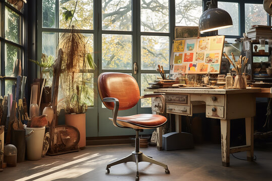 An image showing a vintage swivel chair in a creative studio, featuring a retro design and paired with an artist's desk, adding an inspiring old-school charm to the creative workspace
