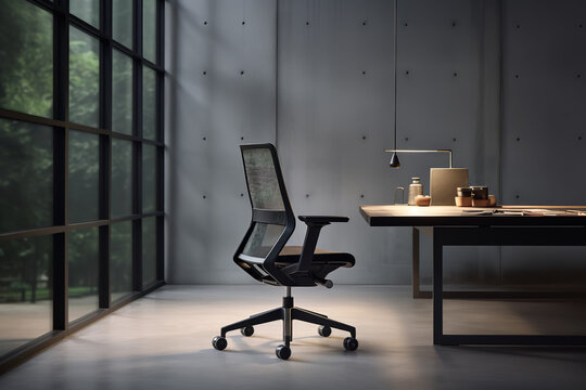 Fototapeta Sleek mesh chair in a minimalist architect's studio