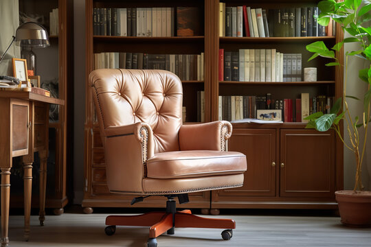 An image depicting a vintage rolling office chair in a creative writer's study, offering retro charm and comfort, functional for long hours of writing, and inspiring a classic and timeless vibe