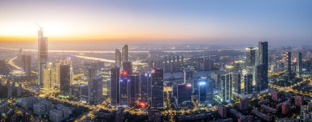 Night Scene Aerial Photography of Nanjing Urban Architecture Skyline..