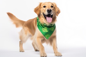 A dog wearing a green bandana standing in front of a white background.
