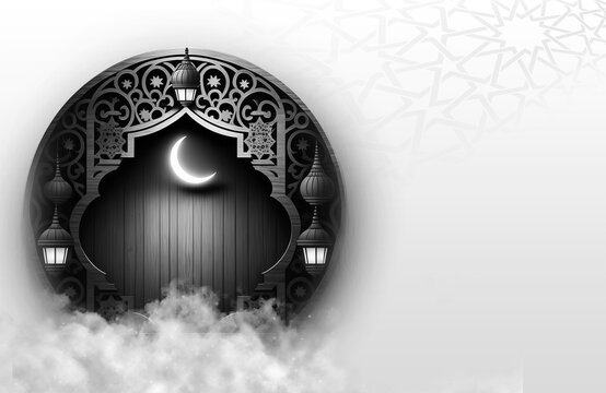 A black and white image of a door with a moon and the text ramadan . a background for Ramadan. Social media posts .Muslim Holy Month Ramadan Kareem .Ramadan Mubarak beautiful greeting card
