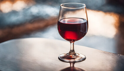 Glass of red wine on table