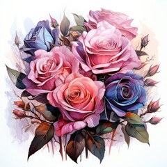 A Beautiful pink and blue flower bouquet in watercolor