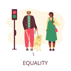 Smiling blind man in dark glasses with guide dog standing near traffic light
