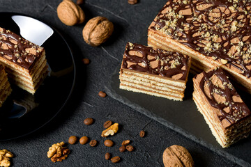 A piece of Dobosh cake. Hungarian sponge cake with chocolate butter cream and walnuts. Dark background