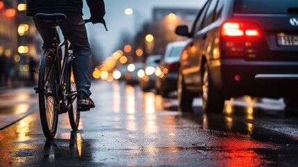 A person riding a bike down a wet street.