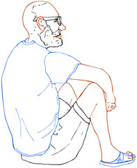 A bearded man in summer clothes, sitting on the ground and looking into the distance through glasses. A hand-made sketch with colored lines