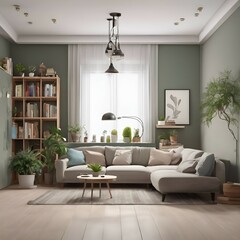 Fototapeta premium Contemporary Comfort Living Room Mock Up With Stylish Furniture And White Wall Canvas Texture 3d Render Background 