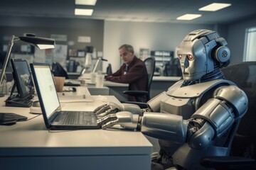 humanoid robot working at computer in office room. Working robot