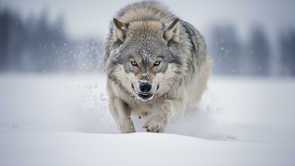 Naklejka premium Arctic gray wolf lunging for its prey