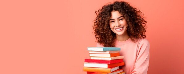 Smiling happy girl holding a stack of books, against a vibrant background, horizontal banner, educationn and world book day concept