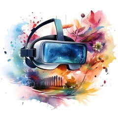 Virtual reality headset surrounded by watercolor elements depicting immersive experiences
