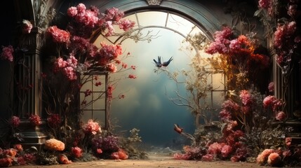 Enchanting Forest Wallpaper. Nature-inspired Landscape with Arch, Plants, Birds, and Butterflies for Interior Murals