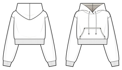 Crop Hoodie with kangaroo pocket technical fashion illustration. hoodie vector template illustration. front and back view. Crop. drop shoulder. unisex. white colour. CAD mockup. - obrazy, fototapety, plakaty