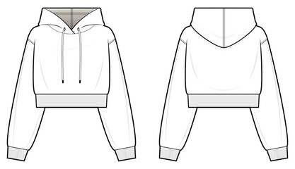 Crop Hoodie technical fashion illustration. hoodie vector template illustration. front and back view. Crop. drop shoulder. unisex. white colour. CAD mockup. - obrazy, fototapety, plakaty