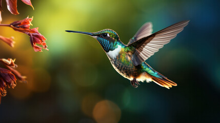 Fototapeta premium Nature's Palette, Colorful Hummingbird in Vibrant Surroundings - A Symphony of Hues in Flight.