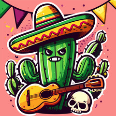 cartoon illustration of mexican Cactus playing guitar, Mexican Cactus Playing Guitar Illustration. Generative Ai