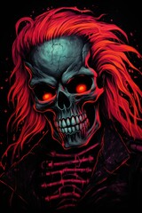 A skull with red hair and a black background.