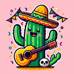 cartoon illustration of mexican Cactus playing guitar, Mexican Cactus Playing Guitar Illustration. Generative Ai