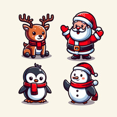 Cute santa claus with reindeer and Cute penguin playing with penguin. Cute christmas Friends cartoon illustration. Generative Ai