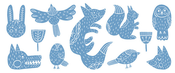 Vector set of animals and birds in Scandinavian style. Blue silhouettes of forest animals with Scandi ornaments.