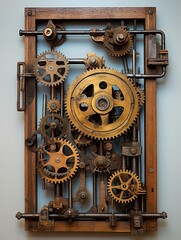 Fototapeta premium Functional Display: Unique Mechanical Wall Art with Gears, Levers, and Springs