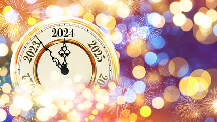 Festive vintage clock indicates new year 2024 with bokeh and fireworks, creative idea. New Year...