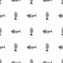 Hand drawn vector cat seamless cartoon fish and fish bone pattern 