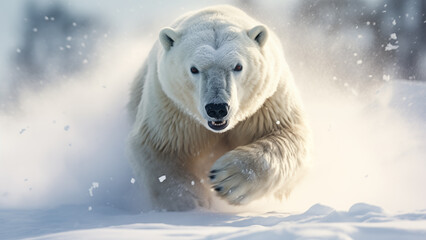 Photo of a polar bear charging towards its prey